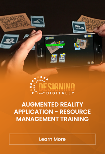 Designing Digitally - Person using a virtual reality app on a smartphone to scan QR codes, with a promotional overlay text about AR resource training. Designing Digitally -