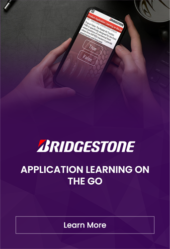 Hands holding a smartphone with a Mobile Learning application screen, featuring the Bridgestone logo and the text "On The Go Learning.