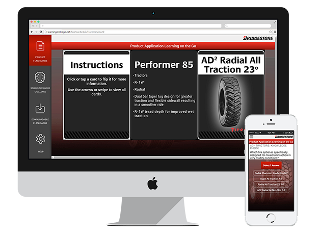 Desktop computer and smartphone displaying Bridgestone tire products via the mobile product application training website.
