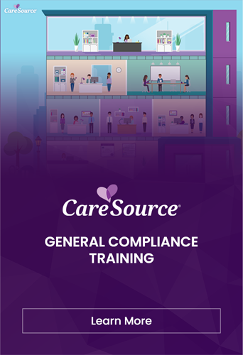 Promotional graphic for Caresource compliance training program with a "learn more" call-to-action button.