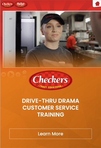 Fast food employee featured in a customer service training advertisement for Checkers and Rally's Drive-Thru Drama.