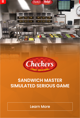 Designing Digitally - Screenshot of Checkers & Rally's "Sandwich Master Simulations Vendor simulated serious game" interface featuring a clean, organized kitchen setup with digital screens and a prominent logo. Designing Digitally -