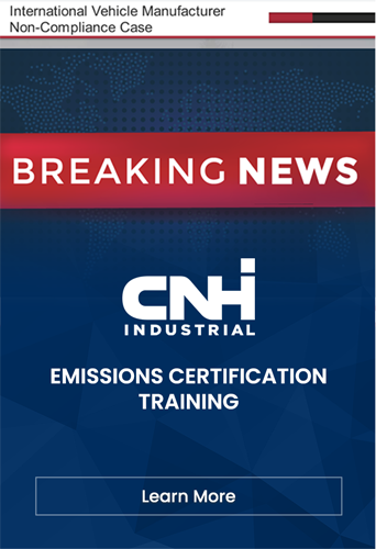 Graphic advertisement for CNH Industrial designed by Designing Digitally, featuring the tagline "International Vehicle Manufacturer Non-Compliance Case" with a call-to-action button labeled "Learn More.
