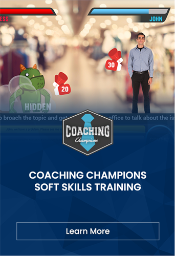 A man stands in the foreground of a blurred retail setting with icons and text overlay that promotes leadership coaching for supervisory managers.