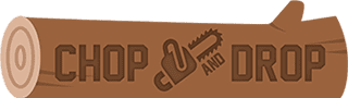 Chop and drop logo with a rustic design featuring a cleaver, a log, and electrical line workers training simulations.