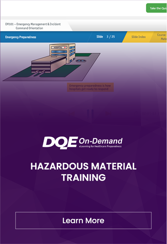 An illustration promoting On-Demand eLearning for hazardous material training and incident readiness in a healthcare setting.
