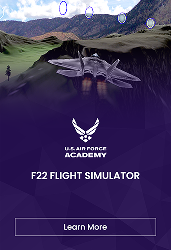 Designing Digitally - Digital illustration of an F22 jet flying low over a mountainous terrain, with "U.S. Air Force Academy F22 Virtual Reality Simulator" text and a "Learn More" button at the bottom Designing Digitally -