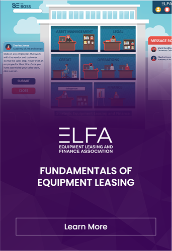 A graphic layout representing different business departments divided into colored blocks with symbols, including a chat notification, above a large title reading "ELFA Training Game".