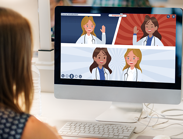 Designing Digitally - A person views an eLearning module about healthcare on a desktop computer, displaying animated female doctors on the screen. Designing Digitally -