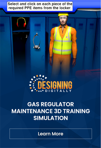 A virtual maintenance worker in a high-visibility vest stands in front of a locker, with an interactive prompt for a 3D training simulation on Mooney Regulators.