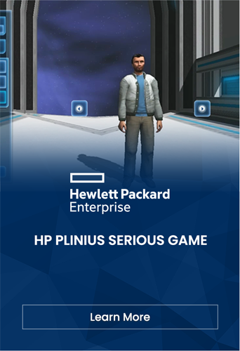A digital avatar stands in front of a futuristic doorway with a starry background, promoting the HP Plinius serious game for technical training by Hewlett Packard Enterprise.