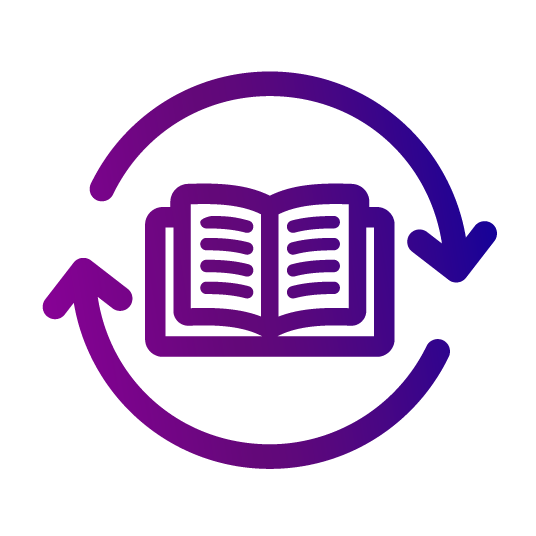 Designing Digitally - Purple icon depicting a book surrounded by a circular arrow, symbolizing continuous learning or refresh concept for an eLearning vendor. Designing Digitally -