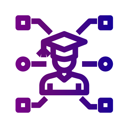 Icon representing online education or virtual education support, featuring a graduation cap and a network of connections designed by a performance support vendor.