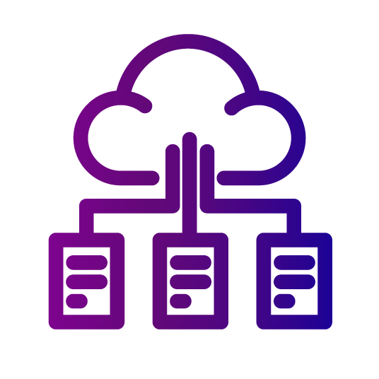 A stylized icon representing cloud computing, offering performance support, with a central cloud connected to three data servers or databases.