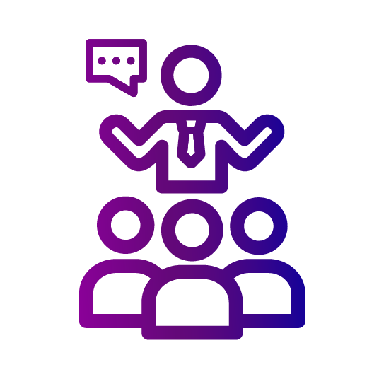 Designing Digitally - Icon depicting a person in a tie giving a presentation to an audience of three people, symbolizing an online training session or seminar. Designing Digitally -