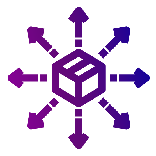 Purple cube with eight arrows pointing outwards from its center, designed for Product Knowledge Online Training Vendor.
