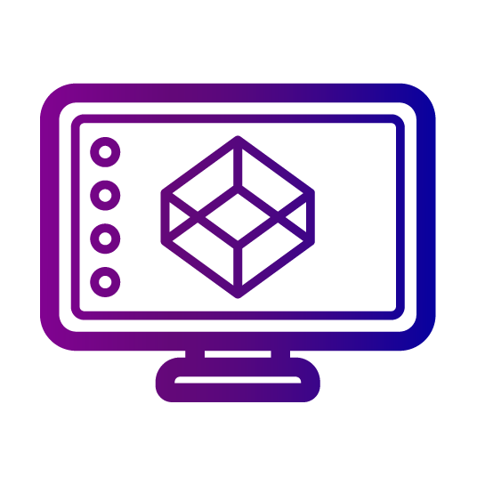 Graphic icon of a performance support vendor's computer monitor displaying a 3D cube.