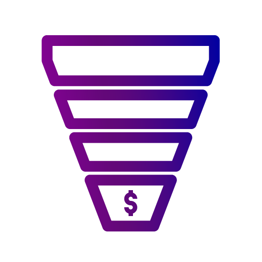Sales funnel with currency symbol, representing the stages of a customer journey in an online training vendor's business model.
