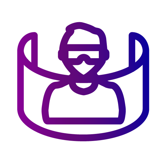 Icon representing a person wearing virtual reality (VR) goggles for online training.