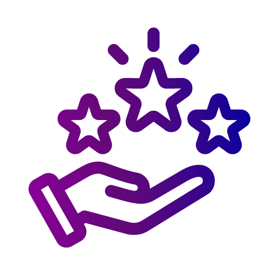 Designing Digitally - Icon depicting a hand holding three stars above it, symbolizing quality or excellence in virtual reality, in purple outline style. Designing Digitally -