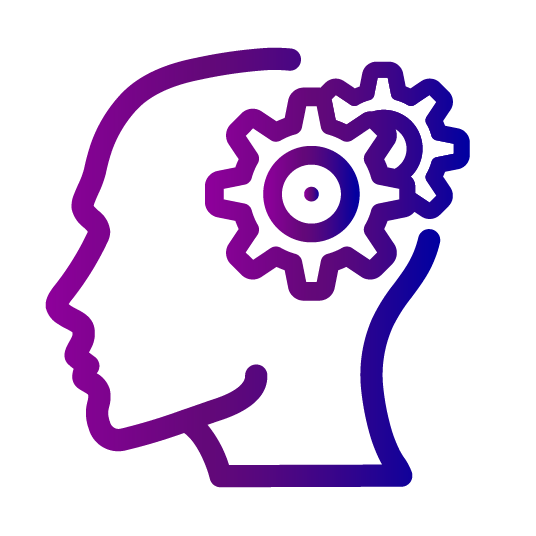 A purple contour of a human head side profile with a gear in the place of the brain, symbolizing thought or mental processing related to Diversity and Inclusion Training for Employees.