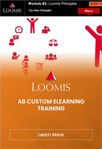 Designing Digitally - Loomis eLearning training slide for "Loomis Principles" features various icons and the text "AB Custom eLearning Training." As a leading online training vendor, we provide a seamless experience. A "Learn More" button is at the bottom. Designing Digitally -