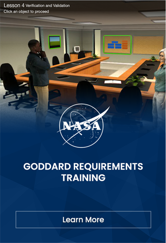 Designing Digitally - A classroom setting for NASA's Goddard Requirements Training, showing people standing around a conference table with a screen in the background. Text reads "Goddard Requirements Training - Learn More. Designing Digitally -
