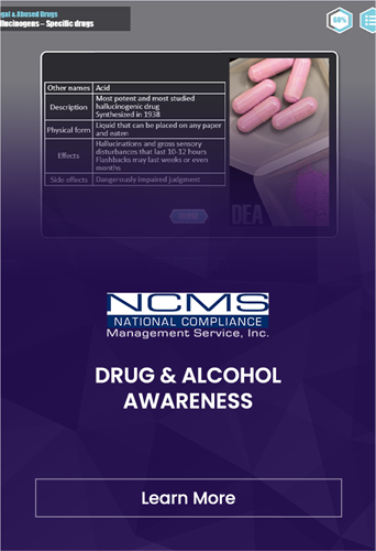Designing Digitally - Informational poster on drug and alcohol awareness by NCMS, featuring details about acid (LSD) including description, physical form, effects, and side effects. "Learn More" button at the bottom. Designing Digitally -