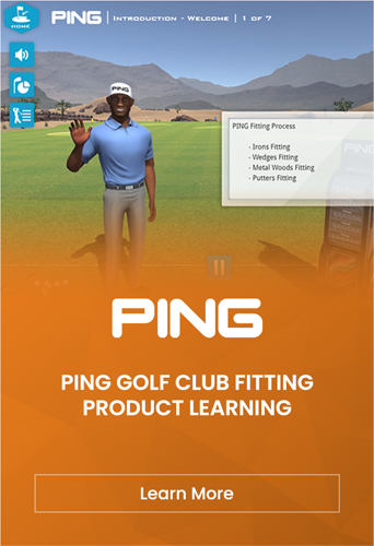 A digital simulation of a man raising his hand on a virtual golf course, with text overlay for PING Golf club fitting product training.
