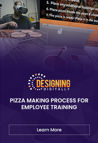 Designing Digitally - A person with a VR headset places a pizza in an oven as part of a Virtual Reality employee training simulation for pizza-making, developed by an eLearning vendor. Designing Digitally -