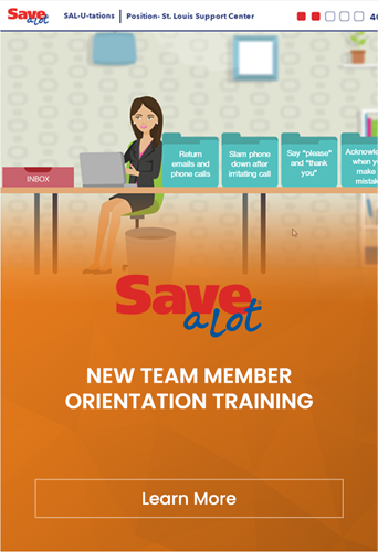 Woman at a desk with a headset on, surrounded by symbols representing work tasks, with the text "Immersive Orientation" displayed above.