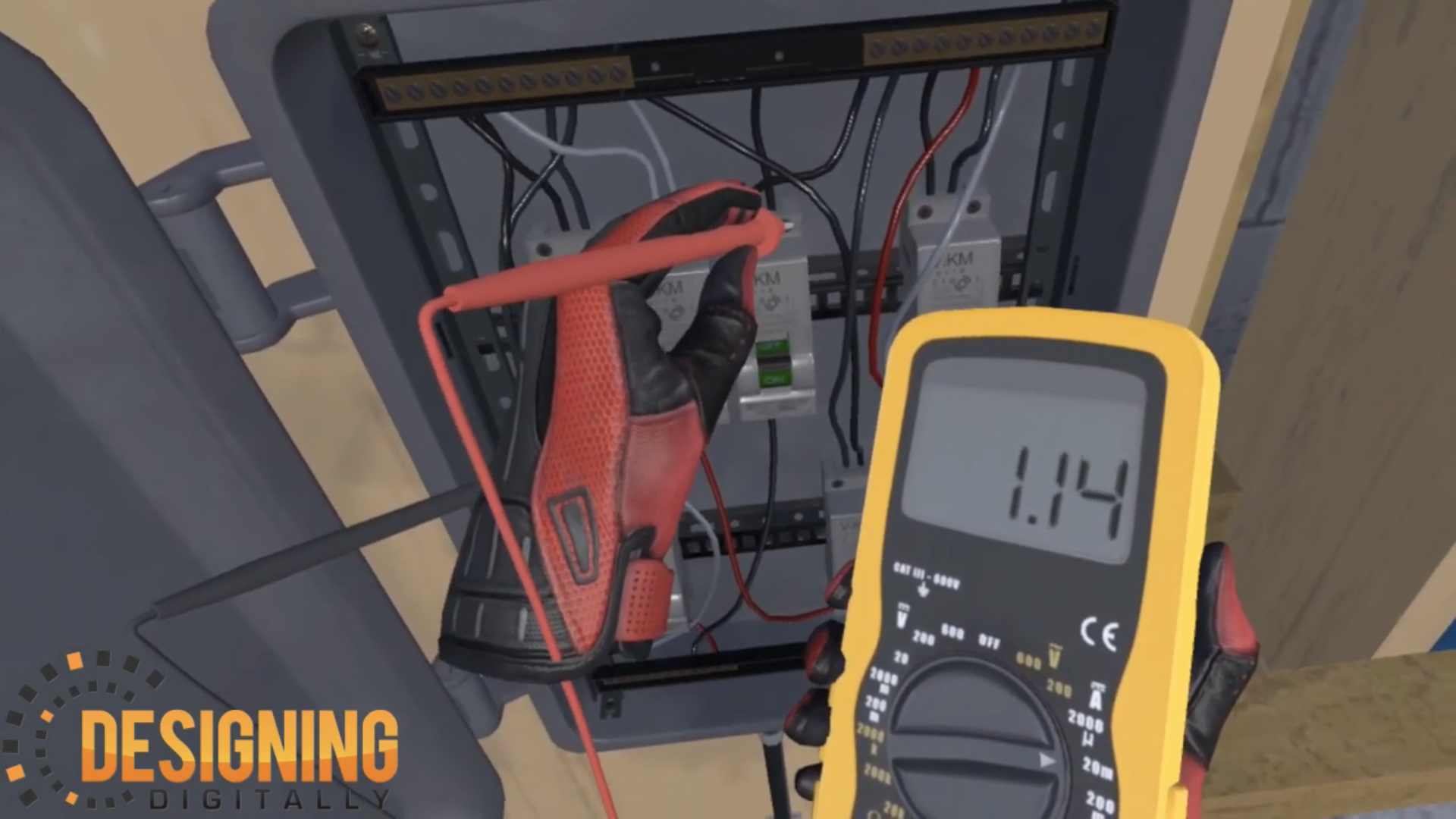Designing Digitally - Digital multimeter displaying a reading next to an open computer case with visible wires and components, set in an eLearning vendor workshop environment. Designing Digitally -