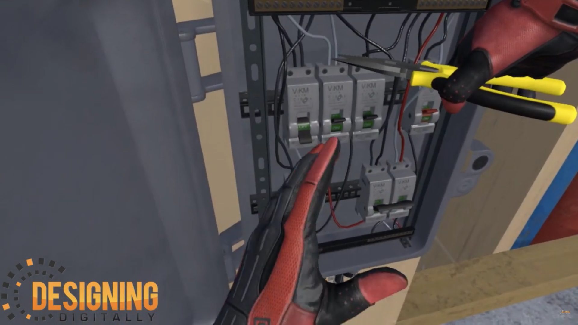 Designing Digitally - A virtual reality simulation of a hand using tools to adjust electrical components in a control panel, with the "designing digitally" logo, an eLearning Vendor, in the corner. Designing Digitally -