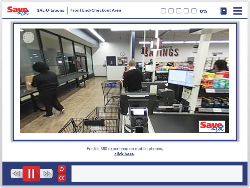 Designing Digitally - Interior of a supermarket checkout area with customers and a cashier, viewed through a blurry fish-eye lens security camera as part of an eLearning Vendor's simulation module. Designing Digitally -