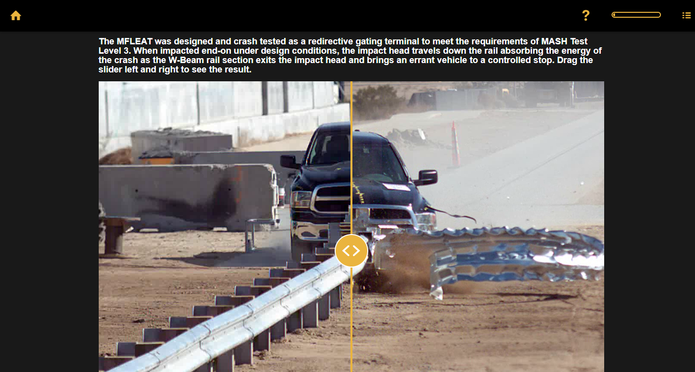 Designing Digitally - A black pickup truck is undergoing a crash test simulation, colliding with a barrier on a dirt track. The impact head has traveled down the rail absorbing energy, with guard rails seen to the left. Designing Digitally -