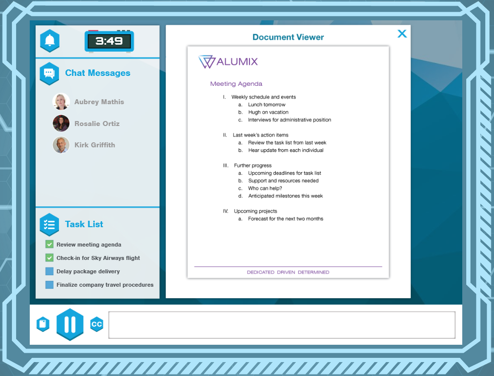 A screenshot of a computer interface showing an open document viewer with a weekly agenda for Cyber Security Assessment Games, alongside a chat application window on the left.