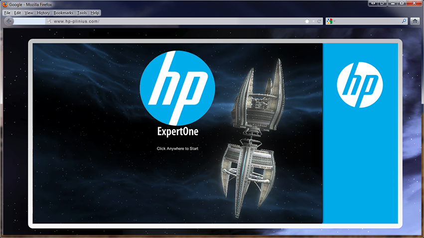 A computer desktop screen displaying an HP ExpertOne Technical Training web page with a space-themed background and a clickable, immersive prompt that reads "click anywhere to start.