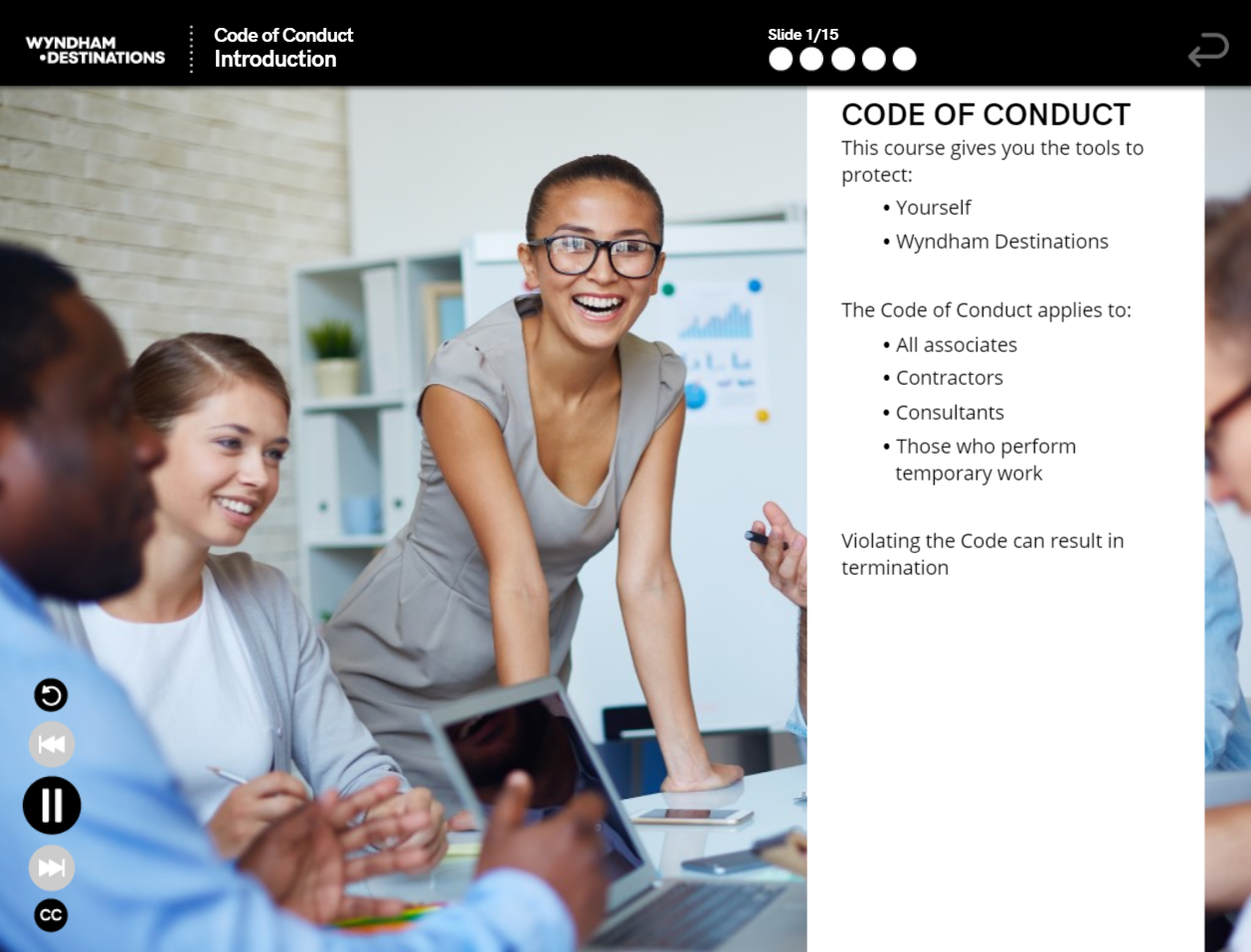 Designing Digitally - A group of professionals is gathered around a table. A woman is smiling while looking towards a presentation screen displaying a "Code of Conduct" slide as part of their Compliance Training Program. Designing Digitally -