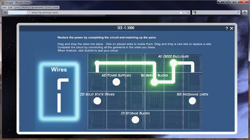 A screenshot of a computer-based puzzle game involving connecting wires to restore power in a circuit, designed for immersive technical training.