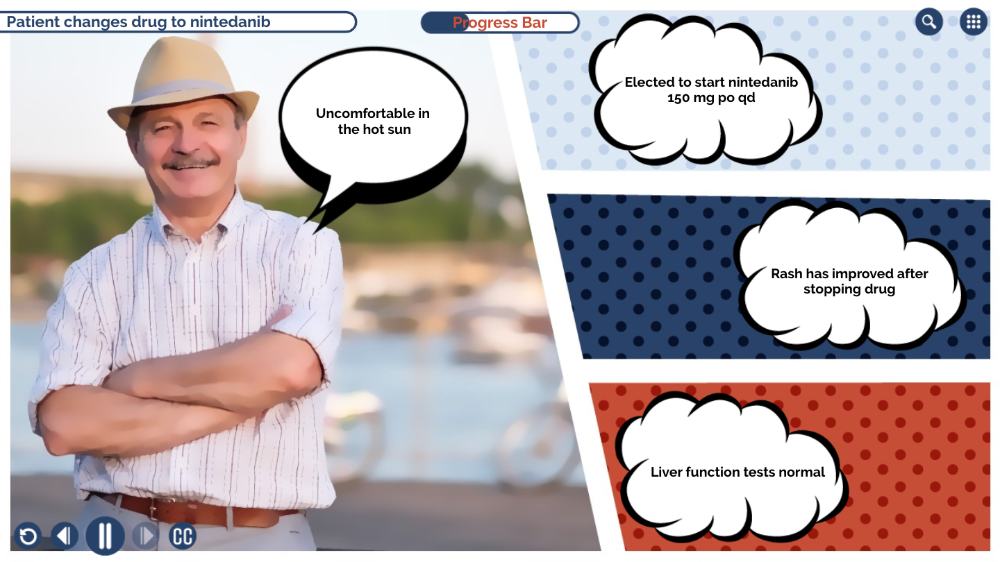 Designing Digitally - A mature man smiling, arms crossed in a marina setting, overlaid with comic-style panels discussing drug-related health updates through an Online Training Vendor. Designing Digitally -