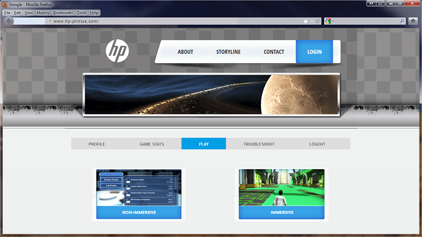 An open web browser displaying two tabs, one with a homepage for hp and another showing an immersive online gaming site, with two inset images of game previews.