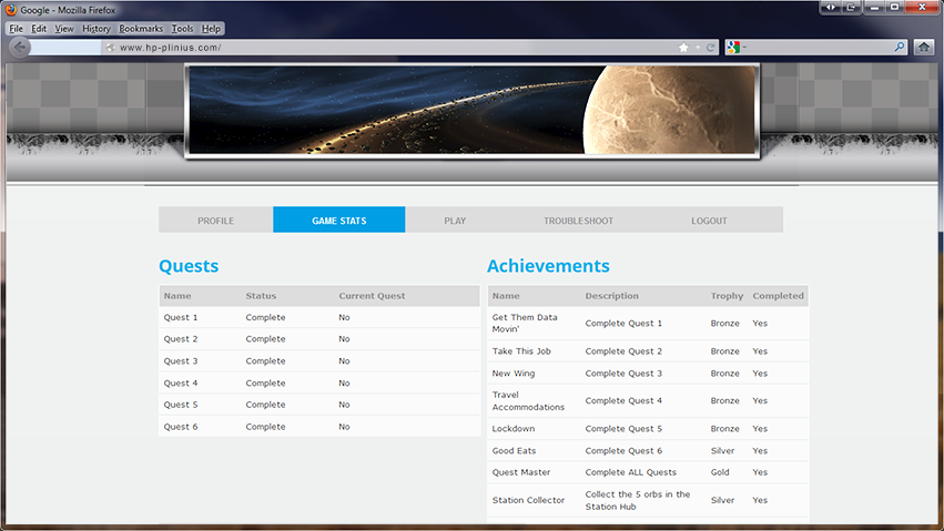 Designing Digitally - Screenshot of a game interface on a virtual reality platform with tabs showing a lunar surface and game status menus including quests and achievements. Designing Digitally -