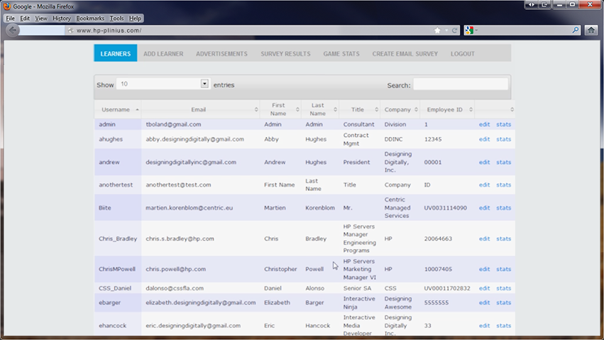 Designing Digitally - Screenshot of a user interface displaying a table with columns for usernames, emails, names, and company details from an eLearning Vendor, viewed in a web browser. Designing Digitally -