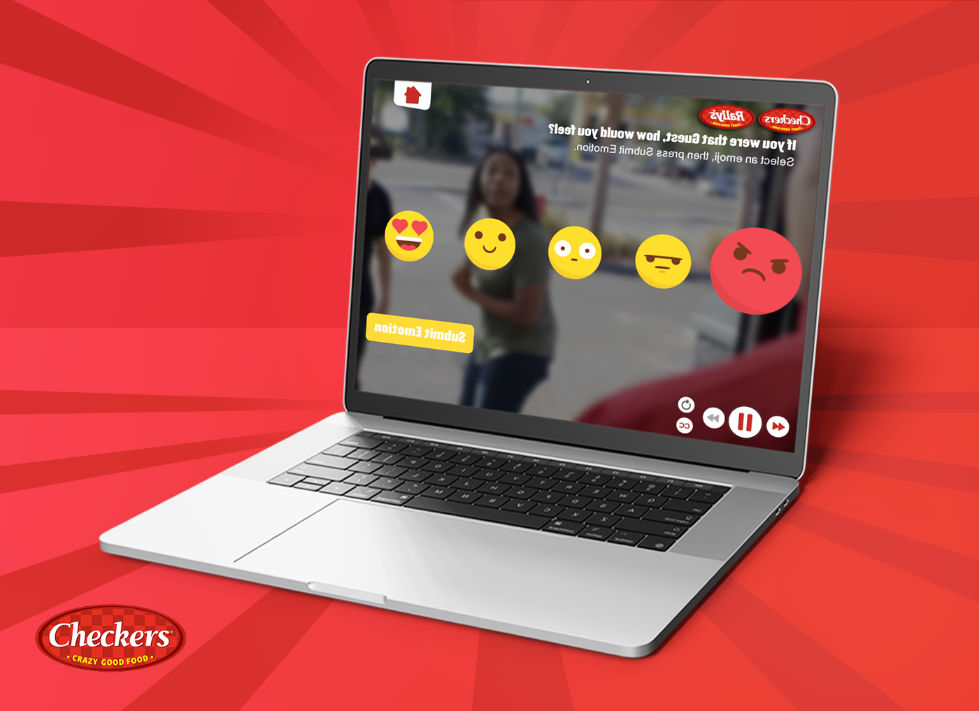 Designing Digitally - A laptop screen displays a survey with emoji options for rating, set against a red background featuring a Checkers logo, resembling the vibrant appeal of fast food menus. Designing Digitally -