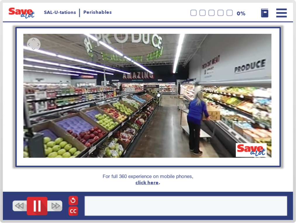 Designing Digitally - A 360-degree Virtual Reality view inside a grocery store with a woman standing by the produce section under a sign that reads "amazing. Designing Digitally -