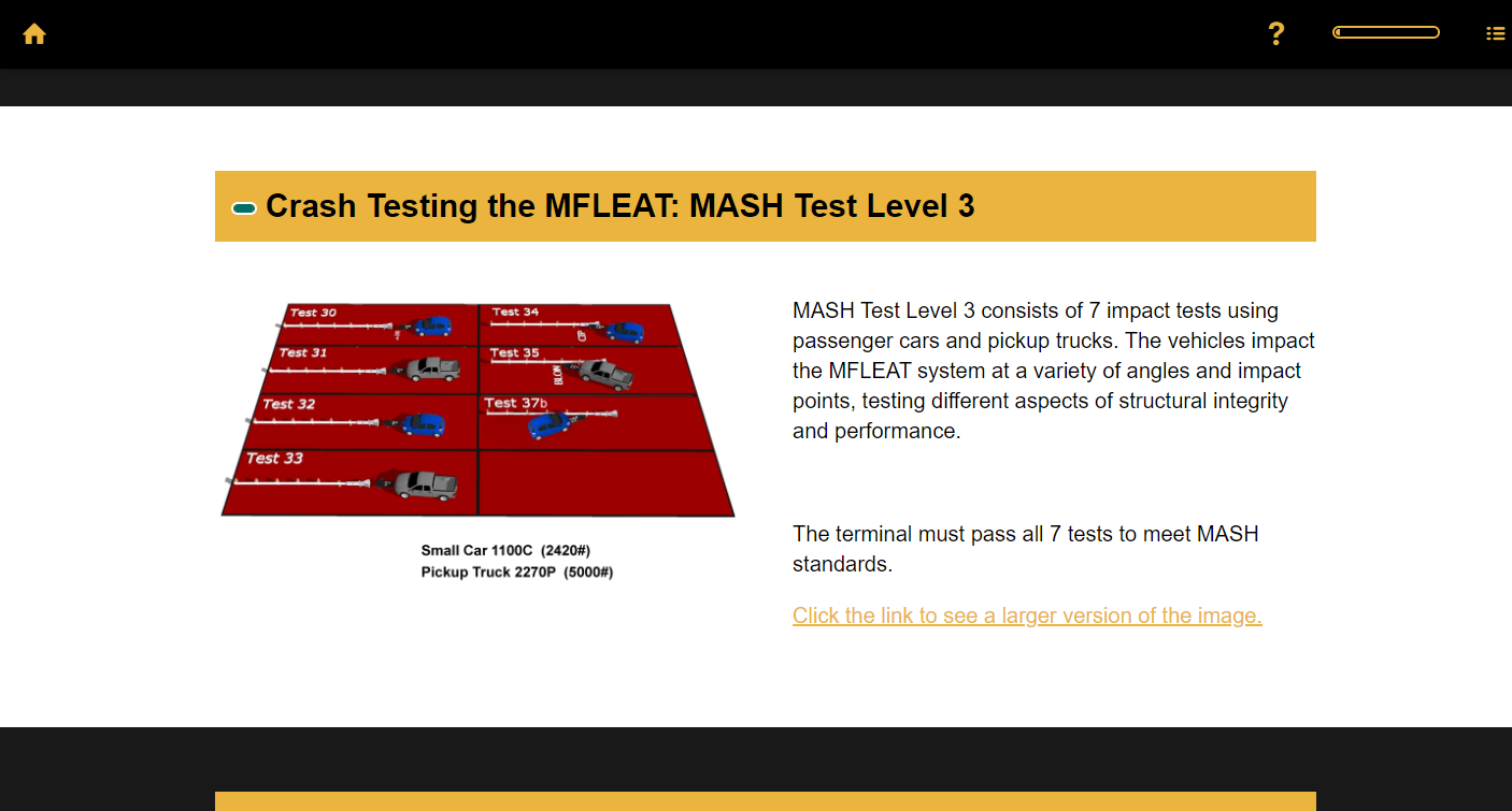 Designing Digitally - Diagram showing impact tests for MFLEAT: MASH Test Level 3. Seven scenarios with a small car (1100C) and a pickup truck (2270P) at various angles and speeds simulate structural integrity and performance of guard rails in product training. Designing Digitally -