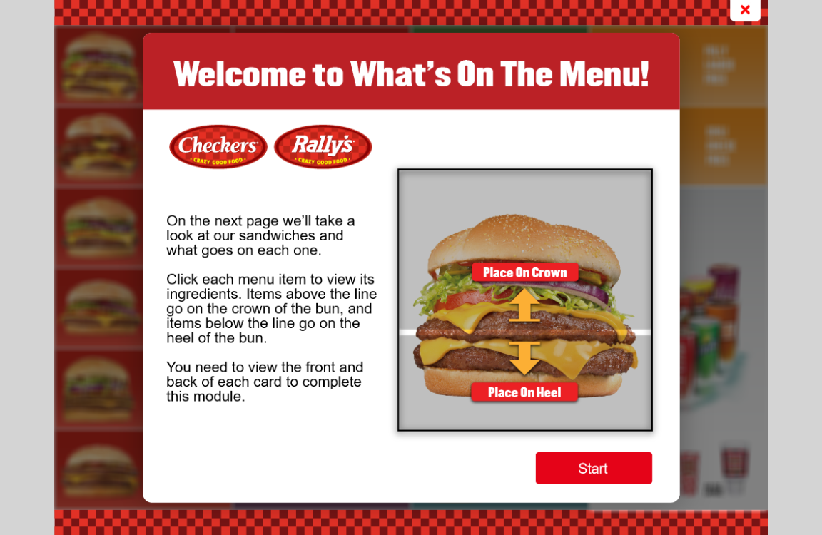 Interactive menu tutorial for placing ingredients on a sandwich with "place on crown" and "place on heel" instructions, designed as part of Custom Training Games for Employees.