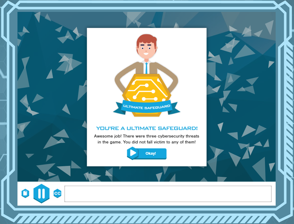 Digital award certificate on a computer screen congratulating a user for avoiding cybersecurity threats in a Cyber Security Assessment Game.