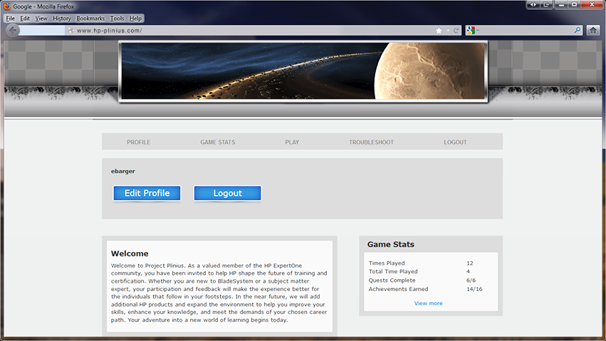 A screenshot of an online gaming platform's user profile page with a welcome message and user technical training statistics visible.