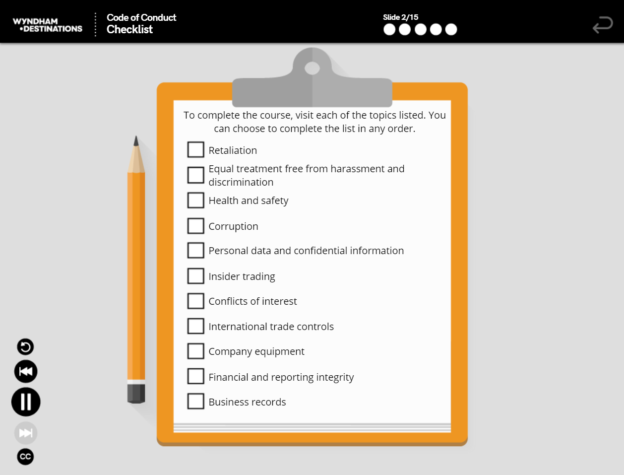 Designing Digitally - A digital checklist titled "Code of Conduct" on a clipboard with a pencil beside it, listing topics such as retaliation, health and safety, and business records. Part of the Compliance Training Program. Slide 9 of 15. Designing Digitally -